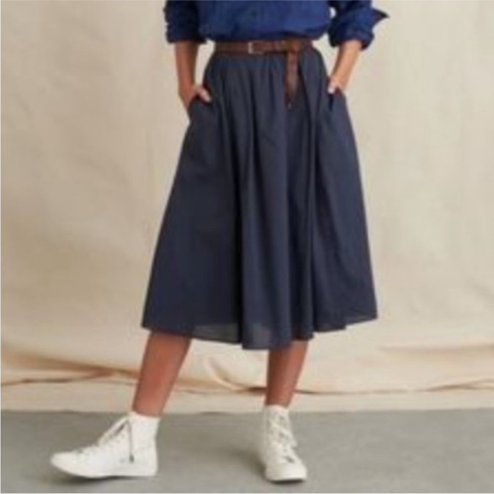 ALEX MILL Cotton Side Button-Up Midi Skirt Pockets Pleated Navy Size Medium